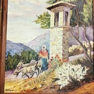 Gardienne de Chèvre devant un Oratoire en Provence Huile 20e signée Maurichoux - Foto 1 di 7
