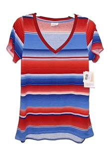 LuLaRoe Christy T-Shirt Womens XS Red White Blue Striped Patriotic Short Slv NEW - Picture 1 of 7