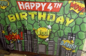 Ninja Turtle Superhero 4th Birthday Backdrop Green Comics Cityscape 59x39in - Picture 1 of 3