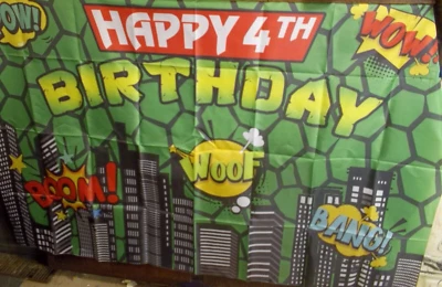 Telón de fondo de superhéroe tortuga ninja cuarto cumpleaños verde cómics paisaje urbano 59x39 pulgadas Foto 1 de 3