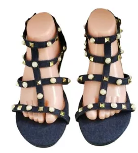 Twisted Gladiator Sandals Size 8.5 Daisy Navy Blue Denim Gold Studs Pearls Flats - Picture 1 of 13