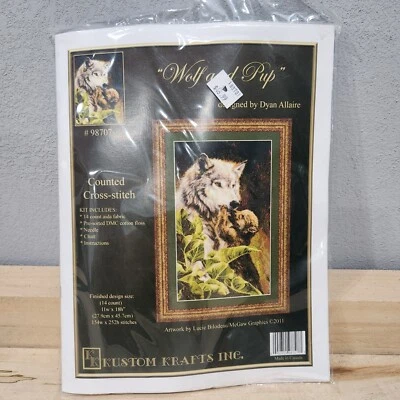 Kit de punto de cruz contado Kustom Krafts Wolf and Pup 14 quilates #98707 2011 sellado Foto 1 de 2