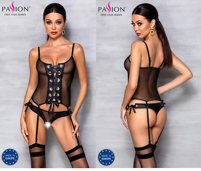 PASSION SET STRAPSCORSET OUVERT STRING KUNSTLEDER NETZ clubwear strumpfhalter - Bild 1 von 4