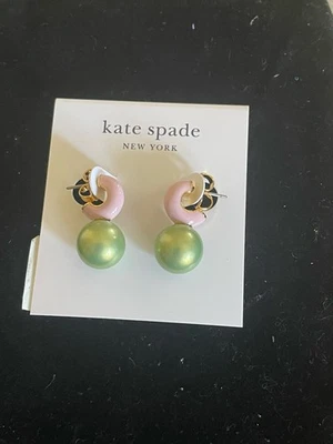 KATE SPADE NY GOLD TONE CANDY DROPS HUGGIE EARRINGS ENAMEL PEARL IN PINK/ GREEN  - Image 1 of 4