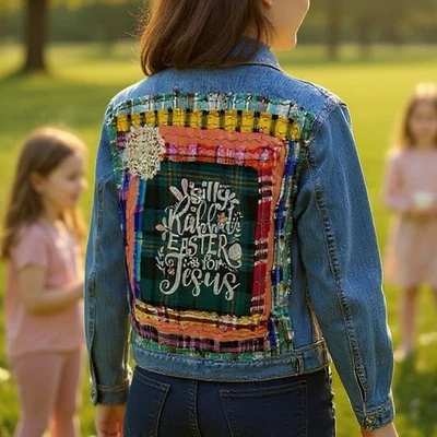 Chaqueta de mezclilla reciclada para mujer talla grande cristiana Pascua grunge retazos arte popular Foto 1 de 4