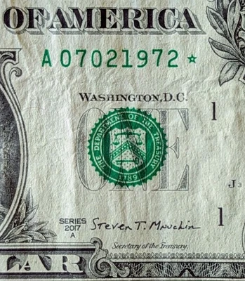 2017 A $1 star note fancy serial birthday date note July 02, 1972.  A 07021972 * - Image 1 of 3