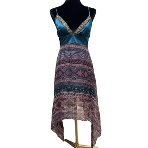 Single Dress Size Small 100% Silk Teal Purple Gold Spaghetti Strap Dress - Picture 1 of 10