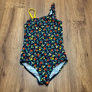 Lands End Girls Blue Red Yellow Floral Micro Print One Piece Swim Suit Size 7 - Picture 1 of 6