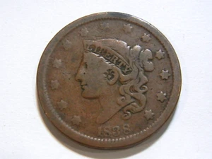 1838 coronet braided hair large cent copper coin - Imagen 1 de 2