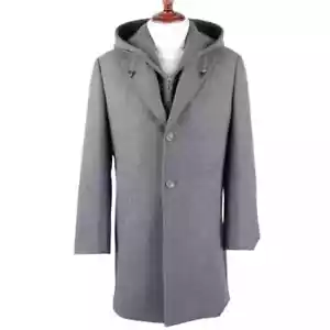 NEU Herren Wolle Kaschmir Mischung Dreiviertel Länge Winter Mantel mit Hoodie Grau - Bild 1 von 5