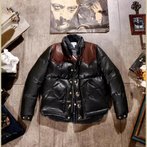 Men's Puffer Jacket Real Lambskin Leather Quilted Bomber Jacket - Dual Color - Picture 1 of 7
