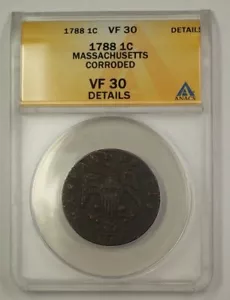 1788 US Colonial Massachusetts Copper Cent Coin ANACS VF-30 Details Corroded - Picture 1 of 2