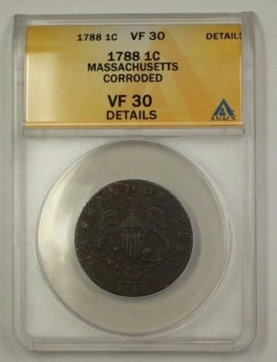 1788 US Colonial Massachusetts Copper Cent Coin ANACS VF-30 Details Corroded - Image 1 of 2