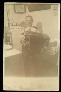Man Playing Bayan Russian Chromatic Button Accordion Real Photo 1939 in Latvia - Picture 1 of 1