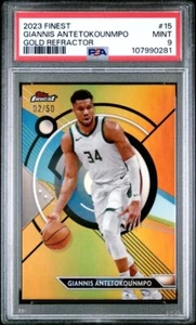 2023 Topps Finest Giannis Antetokoumno #15 RIFRATTORE ORO /50 PSA 9 - Foto 1 di 2