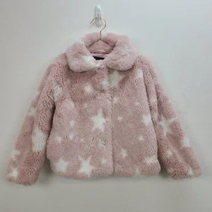 Me Jane Faux Fur Coat Girls 6 Pink White Stars Lined Pockets Long Sleeve Snaps - Picture 1 of 11