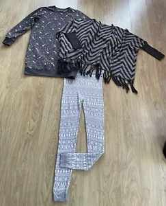 WINTER BUNDLE SIZE 12 14 XMAS LEGGINGS, JUMPER & FLEECE STAR PRINT LOUNGE TOP - Picture 1 of 6