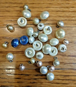 Antique Lot/33 Faux Pearl, Glass Shoe Glove Doll Buttons White Blue Metal Shank - Picture 1 of 2