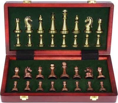Retro Metal Chess Set with Folding Wooden Chess Board Classic Handmade Standard - Image 1 of 4