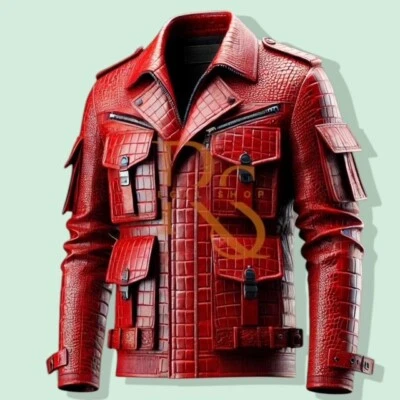 Men's Red Leather Jacket Crocodile Print Style Genuine Lambskin Leather Jacket - Image 1 of 2