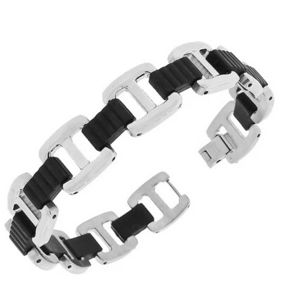 Brazalete de acero inoxidable negro tono plata cadena de eslabones para hombre con cierre Foto 1 de 2