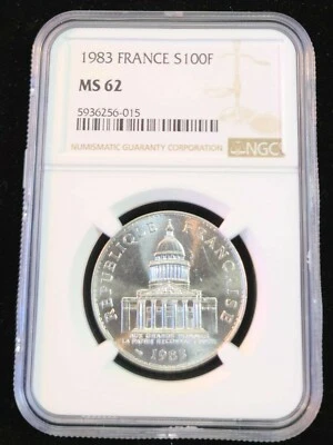 1983 FRANCE SILVER 100 FRANCS PANTHEON NGC MS 62 BEAUTIFUL BRIGHT LUSTER - Image 1 of 4