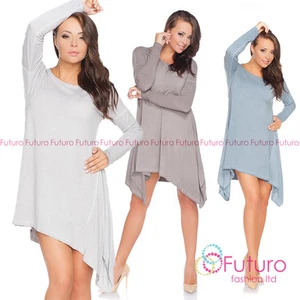 Ladies Oversized Asymmetric Dress Crew Neck  Long Sleeve Cotton Size 8-14 FT2174 - Picture 1 of 3