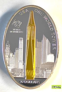 Owalna moneta rzeźbiarska - One World Tower - srebro 999 pozłacane, 2013 Cook Island - Zdjęcie 1 z 14