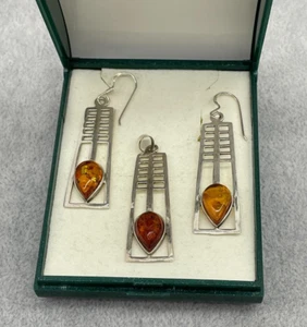925 Sterling Silver & Amber Pendant and Earrings Chapelle N7 - Picture 1 of 9