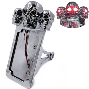 Chrome Side Mount License Plate Frame w/ SKULL LED Brake Tail Light 7/8" 1" Axle - Foto 1 di 9