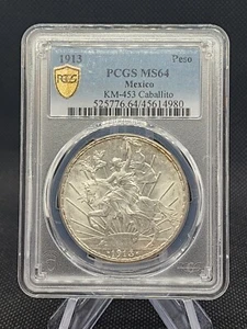 1913 MEXICO SILVER 1 PESO CABALLITO NGC MS 64 RARE GREAT LUSTER - Picture 1 of 2
