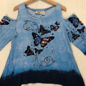 Collections by Liz Paltry Cold Shoulder Butterfly Tunic Top Blue Size L - Picture 1 of 6