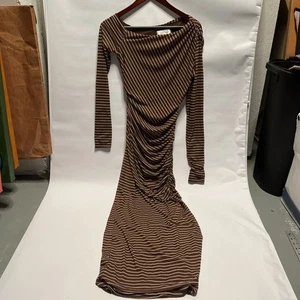 Ronny Kobo Annamaria Striped One-Shoulder Dress Brown & Tan Size Med MSRP $478 - Picture 1 of 14