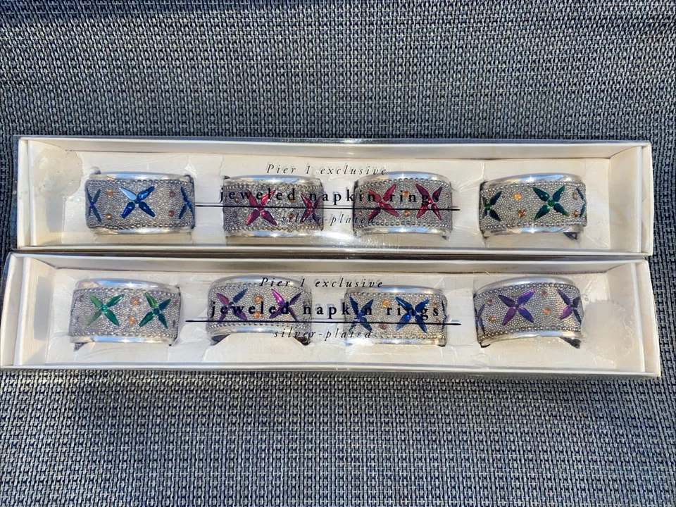PIER 1 IMPORTS Silver Jeweled Napkin Rings Set of 4 Color Stones 1936219