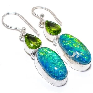 Triplet Fire Opal, Peridot Gemstone 925 Silver Jewelry Earring 2.0" R-2375 - Picture 1 of 1