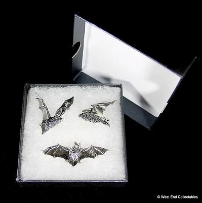 Gothic Bat Handmade Pewter Pin Brooch Set - 3 x Badge Gift Box Halloween Vampire - Image 1 of 4