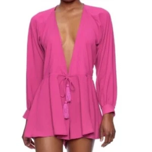 Olivaceous Hot Pink Long Sleeve Deep V Plunge Drawstring Waist Romper Size Large - Picture 1 of 14