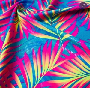 Neon Palm Leaves Blue Background I Spandex 4-Way Full Stretch I Fabric 60" Width - Picture 1 of 8