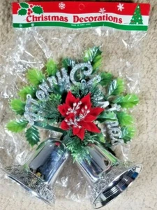 Vintage Glittery Merry Christmas Sign W/Flocked Poinsettia, Plastic Silver Bells - Picture 1 of 6