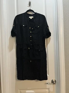 Michael Kors Utility Shirtdress Roll tab Sleeve Drawstrings Front Medium Black - Picture 1 of 6