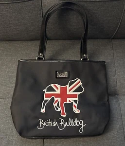 Lulu Guinness Handbag British Bulldog Black Nylon Patent Accent England Flag - Picture 1 of 9