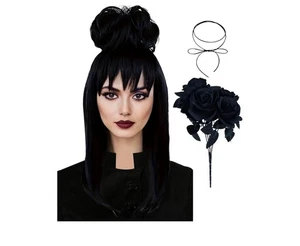 Women Black Long Wavy Wig With Bun Lydia Deetz Beetlejuice Wig Halloween - W2 - Picture 1 of 8