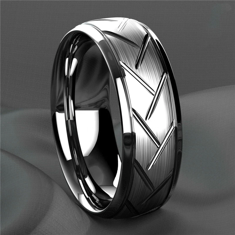 Anillo acanalado negro de acero inoxidable para hombre multifacético moderno alianza de boda joyería Foto 1 de 4