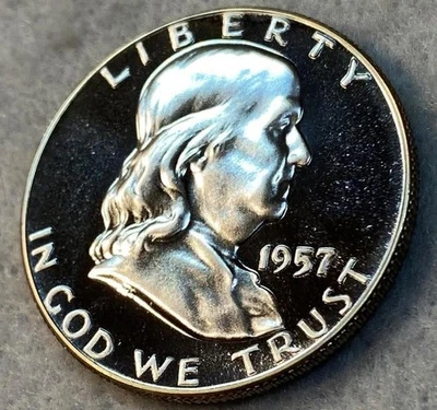 1957 Franklin meio dólar 50C prova camafeu profundo DCAM 90% prata EUA moeda em perfeito estado - Imagem 1 de 2