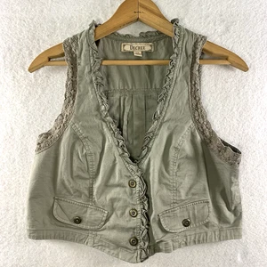Decree Womens Button Vest Top Sz L Y2K Ruffle Office Siren Crochet Trim Cottage - Picture 1 of 10