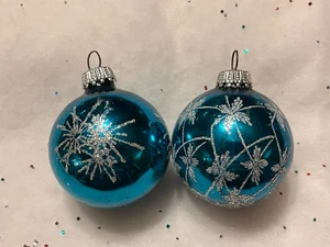 Vintage 2 Glass Christmas Ornaments Blue with Snowflake Glitter W Germany - Picture 1 of 5