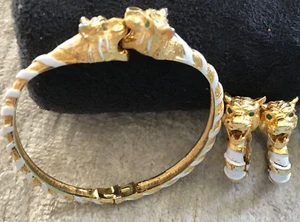 JUEGO DE PENDIENTES DE PULSERA PAULINE RADER TIGRE DE COLECCIÓN TONO BLANCO/DORADO OJOS VERDES RAROS - Imagen 1 de 11