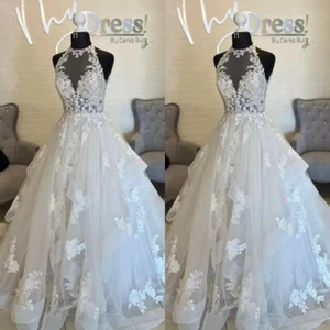 Boho Wedding Dresses Halter Neck Sleeveless Tulle Lace Applique Bridal Gown - Picture 1 of 9