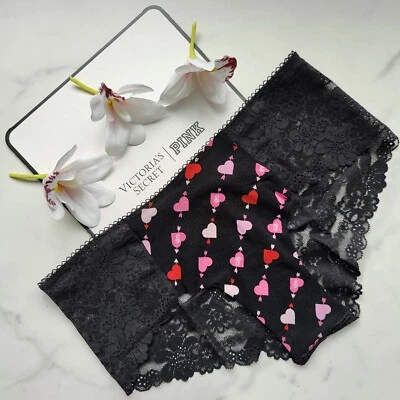 ROSA Victoria's Secret Ribete de Encaje No-Show Panty Descarado Negro Puro Estampado Corazón Foto 1 de 4