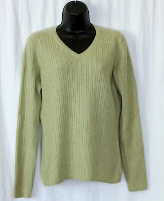 GENEVA Green Cashmere V-Neck Sweater 35 In Chest Baby Cable Stitch  Sz M EXC - Image 1 of 3